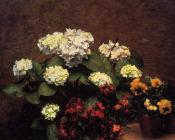 Hydrangias, Cloves and Two Pots of Pansies - 亨利·方丹·拉图尔